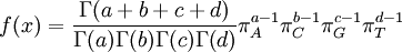 f(x) = \frac{\Gamma(a + b + c + d)}{\Gamma(a) \Gamma(b) \Gamma(c) \Gamma(d)} \pi_A^{a - 1} \pi_C^{b-1}  \pi_G^{c-1} \pi_T^{d-1}